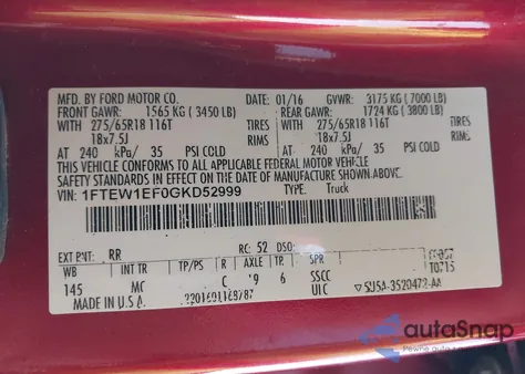 2016 Ford F-150 Xlt из США, поврежденный, VIN 1FTEW1EF0GKD52999